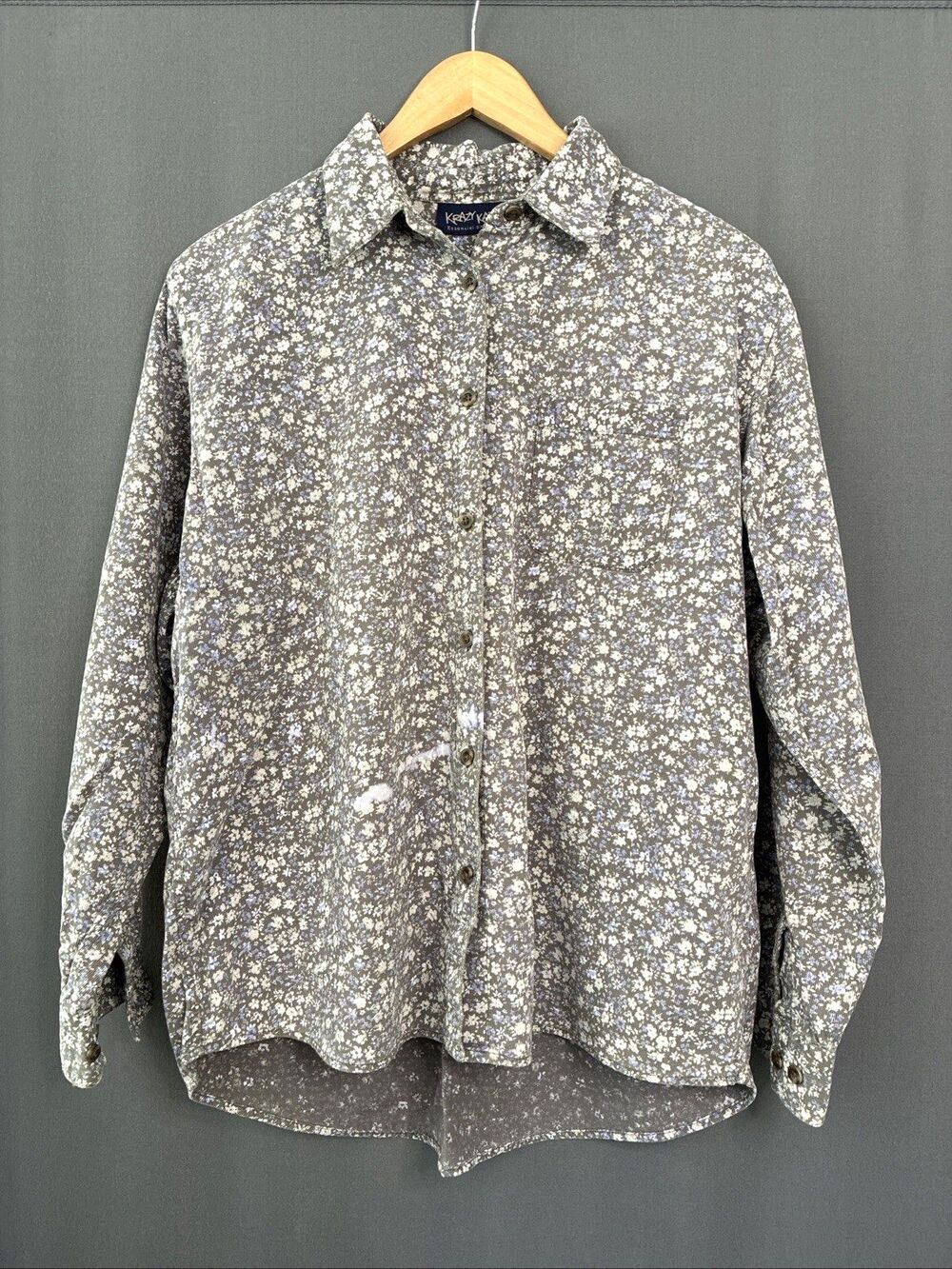 Krazy Kat Button-Up Corduroy Shirt Large Floral Gray Distressed Grunge Gorp Y2K